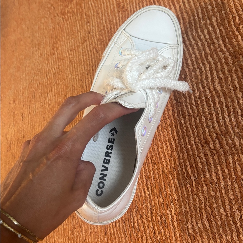Converse White patent leather Sneaks size 8 iridescent hardware new fluffy laces - Picture 4 of 14